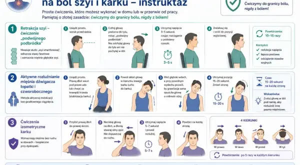 Ćwiczenia izometryczne karku wzmacniają mięśnie bez ruchu w stawach. Utrzymaj napięcie 5-7 sekund, powtórz na każdą stronę.