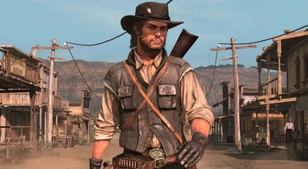 John Marston w kapeluszu i kamizelce, gotowy do akcji w miasteczku z Dzikiego Zachodu. Czekasz na Red Dead Redemption PS5?