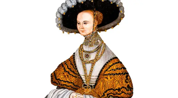 Porträtt av Margareta Eriksdotter (Vasa) i en stor hatt och guldfärgad dräkt med rikliga smycken.