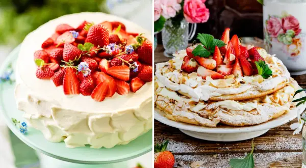 Två midsommar desserter: en gräddig tårta med jordgubbar och en marängtårta med jordgubbar och mandel.