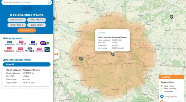 Mapa pokazuje zasięg nadajników tv naziemnej w okolicach Warszawy. Widoczne są multipleksy DVB-T2 MUX 1-3, 6, 8.