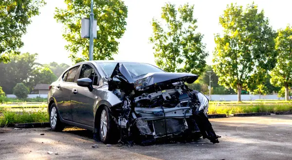 Voiture grise gravement accidentée, capot déformé. Un rappel de l'importance de l'assurance parking voiture.