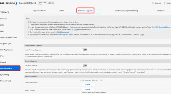 Panel administracyjny routera ASUS, zakładka "Firmware Upgrade". Tutaj dowiesz się, jak zaktualizować oprogramowanie routera, aby zapewnić bezpieczeństwo i stabilność.