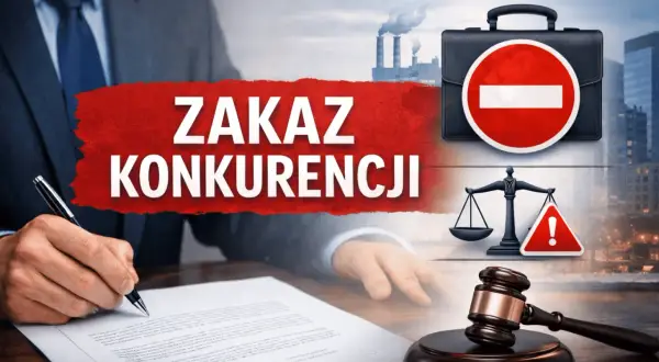 Dłoń pisząca na dokumencie, symbole zakazu, wagi sprawiedliwości i młotek sędziowski.