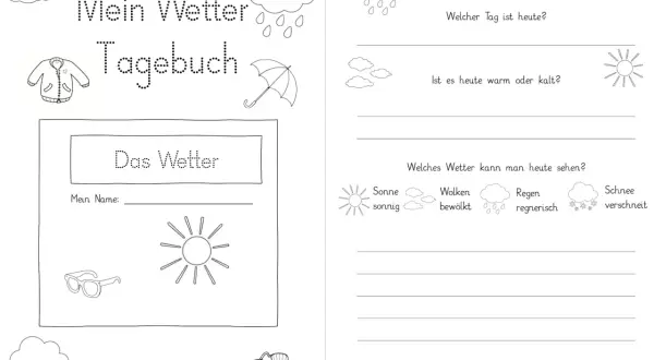 Eine Vorlage für ein Klassentier Tagebuch, um das Wetter festzuhalten. Mit Feldern für Name, Tag, Temperatur und Wetterbedingungen wie Sonne, Wolken, Regen und Schnee.