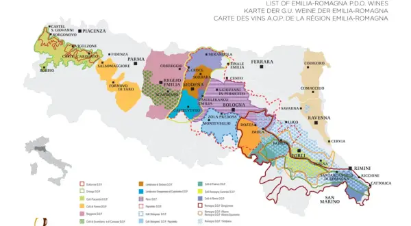 Mappa dei vini D.O.P. dell'Emilia-Romagna, con aree di produzione e nomi di città. Un viaggio tra i sapori dei vini emilia romagna.