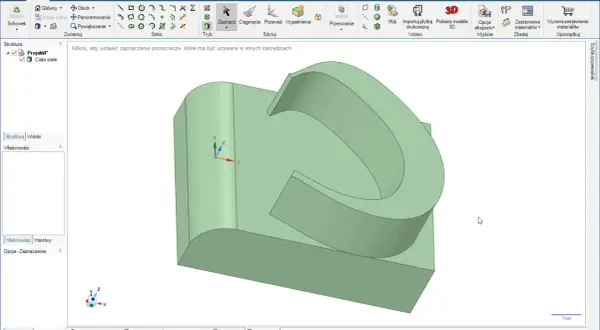 Projekt 3D w programie darmowy CAD. Widoczny zielony model bryły z zaznaczonymi osiami współrzędnych.