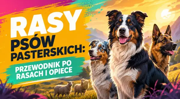 Trzy psy pasterskie: border collie, australian shepherd i owczarek niemiecki, na tle pasących się owiec i zachodzącego słońca.