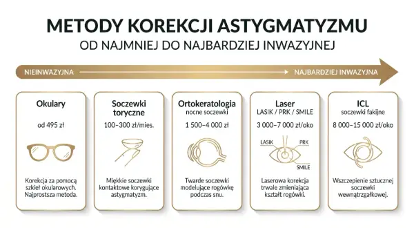 Metody korekcji astygmatyzmu i nadwzroczności: od okularów po laser i soczewki ICL.