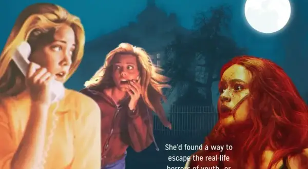 Trzy przerażone nastolatki w nocnej scenerii z nawiedzonym domem w tle. Idealny horror dla nastolatków.