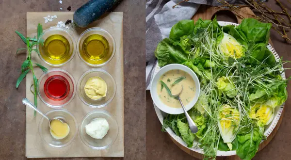 Ingredienser för ett gott salladsdressing recept: olivolja, vinäger, senap, majonnäs och honung. Serveras med en fräsch sallad.
