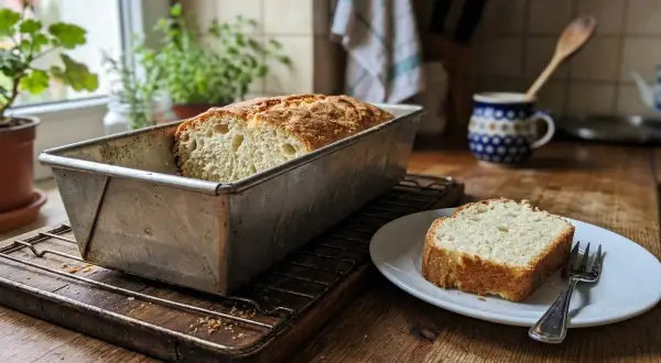 Świeżo upieczony bochenek chleba w keksówce i kromka na talerzyku. To musi być najlepsza drożdżówka na świecie, pachnąca domem.