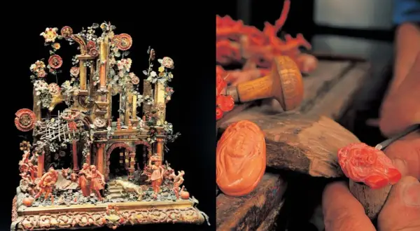 Un presepe barocco e un artigiano che scolpisce il corallo di Trapani, un'arte preziosa.