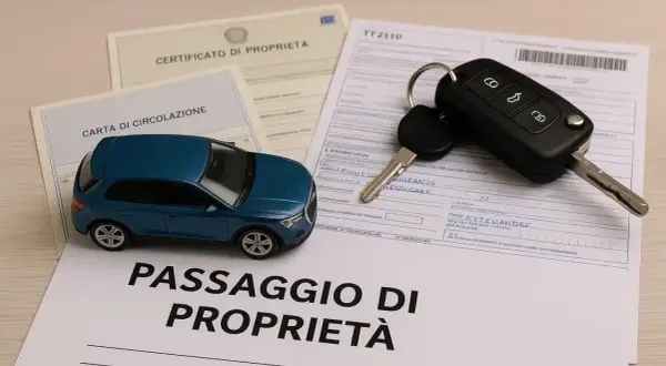 Modello auto blu, chiavi e documenti: certificato di proprietà, carta di circolazione e passaggio di proprietà. La dichiarazione di potenza del motore è un dettaglio importante.