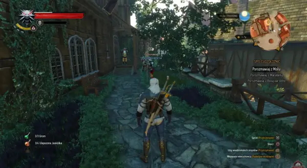 Geralt wyrusza na lekcję szermierki wiedzmin, mijając strażników i zielone zarośla.