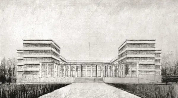 Architektoniczny szkic Adolfa Szyszko-Bohusza przedstawia nowoczesny budynek z symetrycznymi skrzydłami i przeszklonym łącznikiem.