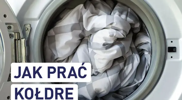 Kołdra poliestrowa w kratkę czeka w pralce. Dowiedz się, jak prać kołdrę, by służyła latami.