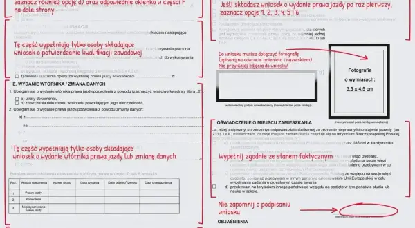 Formularz wniosku o wydanie prawa jazdy z miejscem na zdjęcie 3,5x4,5 cm.