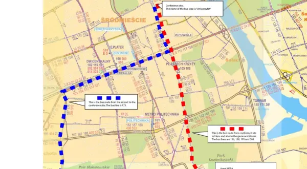 Trasa autobusu z lotniska do centrum konferencyjnego. Linia 175 Warszawa Dworzec Centralny.