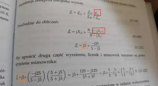 Obliczenia impedancji zespolonej dwójnika, pokazujące przekształcenia wzorów i upraszczanie wyrażeń.
