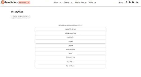 Page d'accueil de Geneafinder pour explorer les archives en ligne. Une liste de départements français est affichée pour rechercher des ancêtres.