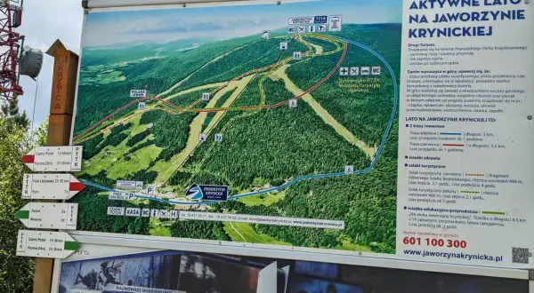 Mapa Jaworzyny Krynickiej z zaznaczonymi szlakami turystycznymi i rowerowymi. Najkrótszy szlak na Jaworzynę Krynicką jest oznaczony.