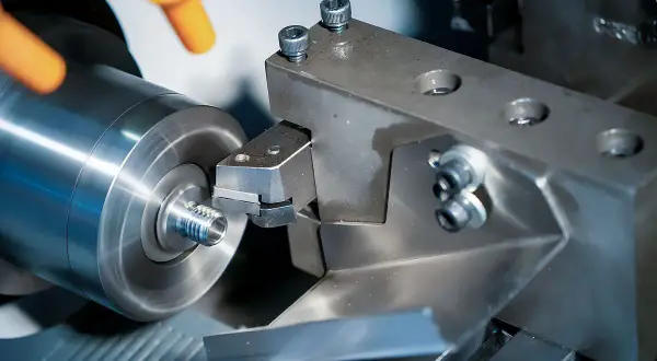 Obróbka metalu na maszynie CNC. Precyzyjne cięcie gwintu na śrubie. To właśnie pokazuje, cnc co to jest w praktyce.