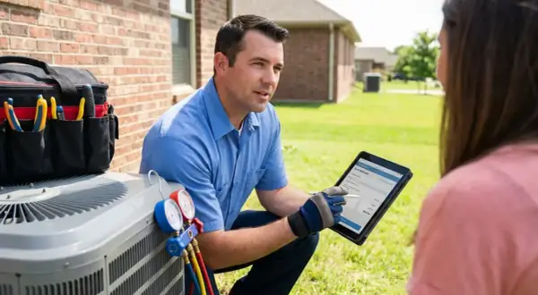 Technicien expliquant le tarif dépannage climatisation sur une tablette à un client, près d'une unité extérieure.