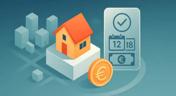 Una casa arancione su una base bianca, con una moneta euro e un'app per la pianificazione di una donazione per acquisto casa.