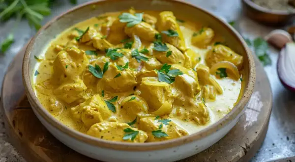 En krämig kyckling curry med bitar av kyckling och lök, toppad med färsk persilja. En härlig rätt som doftar av exotiska kryddor.