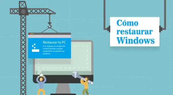 Ilustración de un PC siendo reparado con una grúa y herramientas, con un mensaje de "Restaurar tu PC".