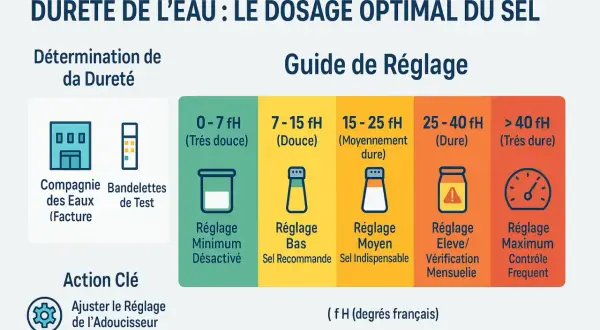 Guide de réglage du sel pour l'eau dure ou douce, avec des indications pour différents niveaux de dureté de l'eau (fH).