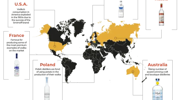 Mapa świata z zaznaczonymi krajami produkującymi wódkę. Kto wynalazł wódkę? Pytanie pozostaje otwarte, ale Polska, Szwecja, USA, Francja, Rosja i Australia mają swoje tradycje.