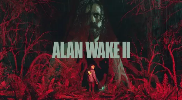 Mroczny las, agentka FBI z latarką i pistoletem, nad nimi twarz Alana Wake'a. To kluczowe dla **Alan Wake 2 poradnik**.