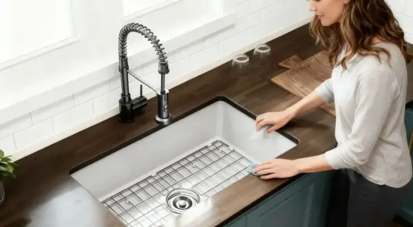 A woman cleans the edge of a new undermount sink installation. The stainless steel sink has a grid rack and a modern black faucet.