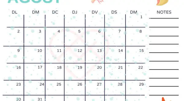 Calendario de agosto con diseño de burbujas y temática marina. Incluye espacio para notas.