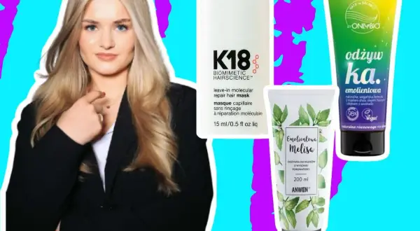 Blondynka z produktami do włosów, które pomogą Ci dowiedzieć się, jak wygładzić włosy.