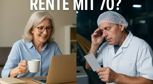 Zwei Szenen: Eine lächelnde Frau am Laptop, die über Rente mit 70 nachdenkt. Daneben ein gestresster Mann in Arbeitskleidung, der die Zukunft mit Sorge betrachtet.