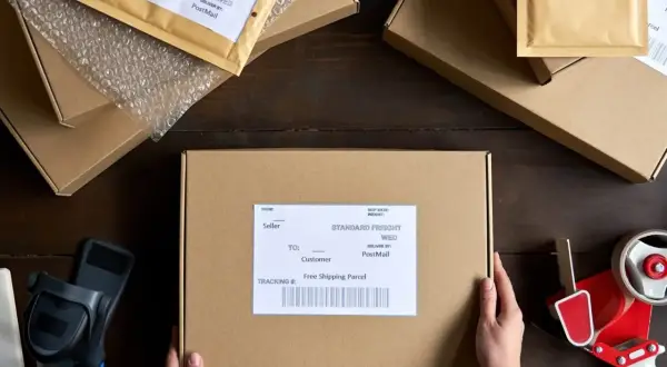 Ręce trzymają paczkę z etykietą "Free Shipping Parcel". Obok skaner, taśma klejąca i inne kartony, gotowe do wysyłki. To idealny przykład, jak działają pkp intercity przesyłki konduktorskie.