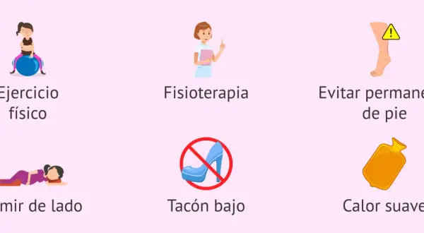 Consejos para aliviar el dolor de espalda en el embarazo: ejercicio, fisioterapia, evitar estar de pie, dormir de lado, tacón bajo y calor suave.