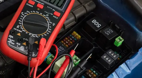 A multimeter is used to test a car's fuse box and relays.
