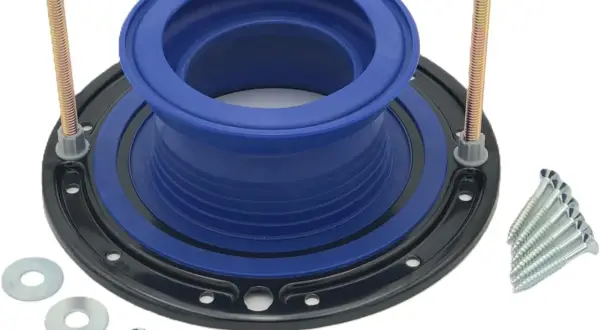 A toilet flange kit with a blue rubber seal, mounting bolts, screws, and nuts, essential for learning how to replace a toilet flange.