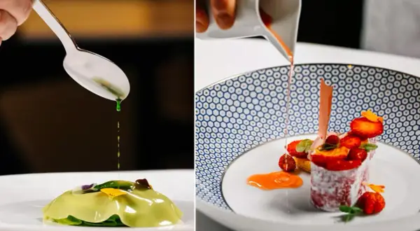 Dettagli di alta cucina: un primo piatto verde e un dessert alle fragole, esempi di eccellenza nei ristoranti stellati Marche.