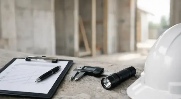Na budowie inspektor nadzoru budowlanego przygotowuje się do pracy. Na stole leżą notatki, suwmiarka, latarka i biały kask.
