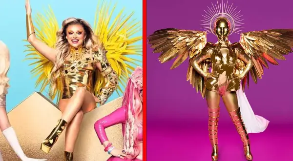 Två gyllene, glittrande dräkter. En person med stora gula fjädrar, en annan som en gyllene ängel. Kanske framtida masked singer 2026 deltagare?