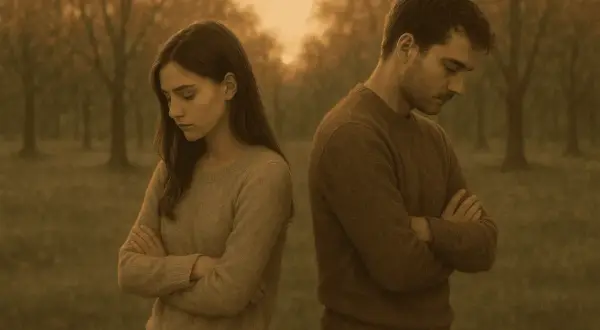 Coppia con le braccia conserte, spalle alle spalle, in un bosco autunnale. Un momento di riflessione, forse il difficile passo di lasciare andare un uomo.