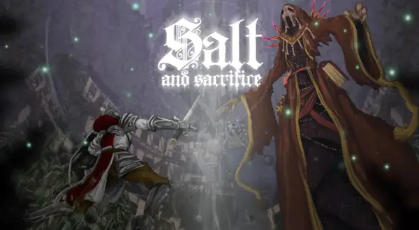 Rycerz w zbroi walczy z przerażającym potworem. Tytuł gry "Salt and Sacrifice" sugeruje, że to walka o przetrwanie, gdzie każdy krok może być ofiarą.