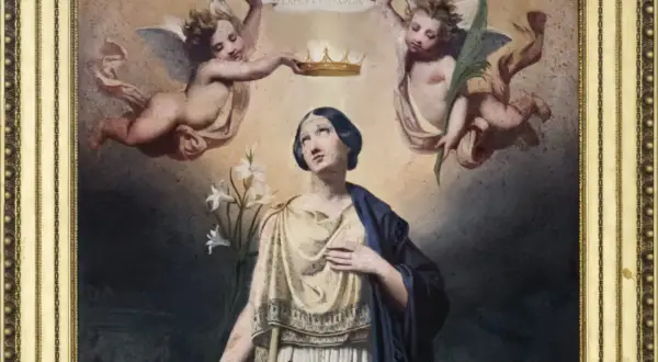 Św. Filomena w potrzebie, z liliami i koroną od aniołów.