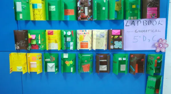 Varias ideas de lapbook creativos, con solapas y sobres, exhibidos en una pared azul.