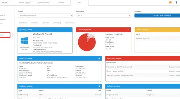 Panel zarządzania urządzeniami w Supremo. Widok szczegółów komputera PC 3 z systemem Windows 10 Pro x64, podłączonego do sieci.